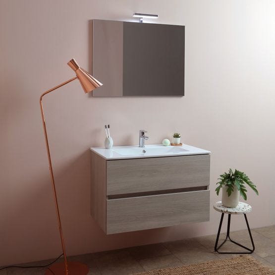 Mobile da 80 centimetri con cassetti, lavandino in ceramica, specchio e luce a led, Berlin olmo leone